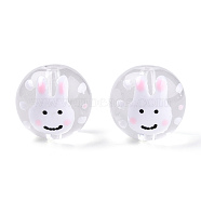 Transparent Handmade Lampwork Beads, Round with Rabbit Pattern, White, 12.5x11.5mm, Hole: 1.6mm(LAMP-T011-34B)