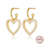 Heart Shape 925 Sterling Silver Rhinestone Stud Earrings, Dangle Earrings for Women, Golden, 25x14mm(JZ2226)