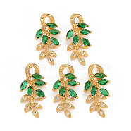 Rack Plating Brass Micro Pave Clear Cubic Zirconia Pendants, with Faceted Glass, Long-Lasting Plated, Cadmium Free & Lead Free, Leaf, Green, 28~29x13.5x5mm, Hole: 4x5mm(KK-T060-64C-RS)