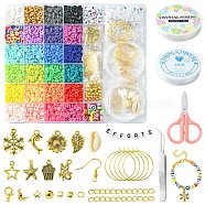 DIY Jewelry Set Making Kit, Inclduing Polymer Clay Disc & Acrylic Smile Face & Natural Shell & Plastic Star Beads, Snowflake & Starfish Alloy Pendants, Brass Earring Findings, Scissors, Tweezers, Mixed Color(DIY-YW0006-62)