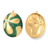 Enamel Pendants, with 304 Stainless Steel Rhinestone Finding, Real 18K Gold Plated, Oval with Flower Charm, Green, 34x23.5x5.3mm, Hole: 1.4mm(STAS-E040-10G-03)