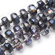 Electroplat Glass Beads Strands, Rainbow Plated, Faceted, Rondelle, Black, 10x6.5mm, Hole: 1.2mm, about 60pcs/strand, 18.9 inch(X-EGLA-Q092-10mm-D02)