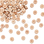 78Pcs 26 Styles Undyed Wood Beads, Horizontal Hole, Flat Round with Laser Engraved Letter, Letter A~Z, 15x8mm, Hole: 3mm, 3pcs/style(WOOD-HY0001-08)