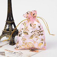 Rose Printed Organza Bags, Gift Bags, Rectangle, Pearl Pink, 12x10cm(X-OP-R021-10x12-01)