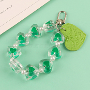 Imitation Leather Pendants Keychain, with Resin Beads and Alloy Findings, Heart with Word, Yellow Green, Heart: 3x3.8cm(HEAR-PW0001-163E)