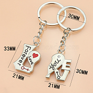 Alloy Couples Keychain, Heart and LOVE Word, Platinum, Pendant: 3~3.3x2.1cm(KEYC-PW0002-078C)
