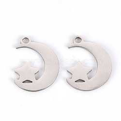 Non-Tarnish 201 Stainless Steel Charms, Laser Cut, Moon and Star, Stainless Steel Color, 15x11x1mm, Hole: 1.6mm(STAS-Q238-032)