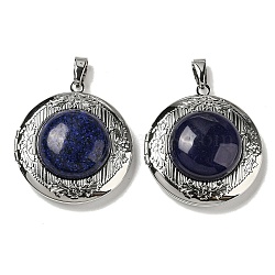 Natural Lapis Lazuli Locket Pendants, Platinum Plated Alloy Flat Round Charms, 35.5x32.5x11~12mm, Hole: 8x4mm(G-C104-03A-P)