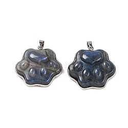 Natural Labradorite Carved Pendants, Paw Print Charms with Platinum Plated Rack Plating Brass Snap on Bails, 31x31x10mm, Hole: 5x4mm(G-B085-12P)