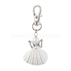 Angel Alloy & Wire Wrapped Natural Shell Pendant Decorations, Swivel Clasps Charms for Bag Ornaments, Antique Silver & Platinum, 72mm(HJEW-JM02017-03)