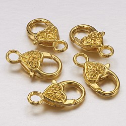 Tibetan Style Heart Lobster Claw Clasps, Cadmium Free & Lead Free, Golden, 25.5x14x6mm, hole: 4mm(X-K08Y0012)