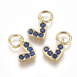 Brass Micro Pave Cubic Zirconia Charms, with Jump Ring, Long-Lasting Plated, Real 18K Gold Plated, Heart, Blue, 6x8x2mm, Hole: 3mm(ZIRC-F111-08G-02)