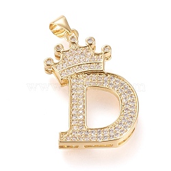 Brass Micro Pave Cubic Zirconia Pendants, Long-Lasting Plated, with Snap on Bail, Letter.D with Crown, Real 18K Gold Plated, Clear, Letter.D, D: 28x18x4mm, Hole: 3x4mm(KK-R138-002D)