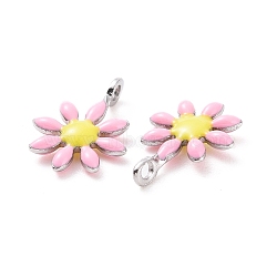 304 Stainless Steel Charms, with Enamel, Stainless Steel Color, Flower, Pearl Pink, 10x7.5x2mm, Hole: 1mm(STAS-F280-01P-02)