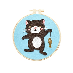 Animal Theme DIY Display Decoration Punch Embroidery Beginner Kit, Including Punch Pen, Needles & Yarn, Cotton Fabric, Threader, Plastic Embroidery Hoop, Instruction Sheet, Cat Shape, 155x155mm(SENE-PW0003-073Q)