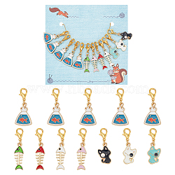 Cat & Fish Pendant Stitch Markers, Alloy Enamel Crochet Lobster Clasp Charms, Locking Stitch Marker with Wine Glass Charm Ring, Mixed Color, 3~3.5cm, 12 style, 1pc/style, 12pcs/set(HJEW-AB00520)