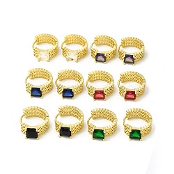 Glass Square Hoop Earrings, Real 18K Gold Plated Brass Jewelry for Women, Cadmium Free & Nickel Free & Lead Free, Mixed Color, 15x18x6.5mm, Pin: 0.8mm(EJEW-E270-01G)