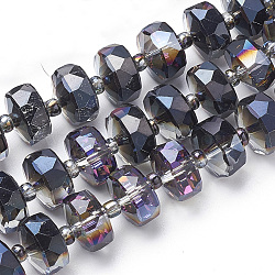 Electroplat Glass Beads Strands, Rainbow Plated, Faceted, Rondelle, Black, 10x6.5mm, Hole: 1.2mm, about 60pcs/strand, 18.9 inch(X-EGLA-Q092-10mm-D02)