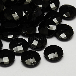 Taiwan Acrylic Buttons, Pearl Luster, Faceted, 2-Hole, Flat Round, Black, 11.5x4mm, Hole: 1mm(BUTT-F022-11.5mm-01)