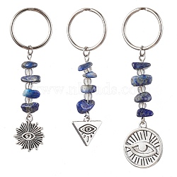 Tibetan Style Alloy Keychain, with Natural Lapis Lazuli Beads and Iron Split Key Rings, Mixed Shapes, Evil Eye, Mixed Shapes, 6.4~7.3cm, Pendants: 42~52x15~19x6mm(KEYC-JKC00707)