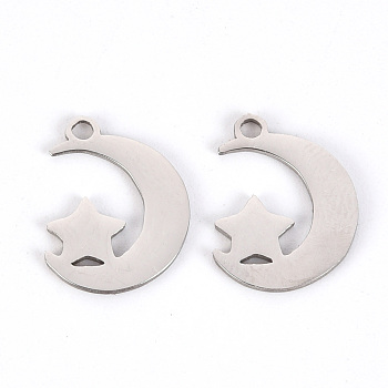 201 Stainless Steel Charms, Laser Cut, Moon and Star, Stainless Steel Color, 15x11x1mm, Hole: 1.6mm