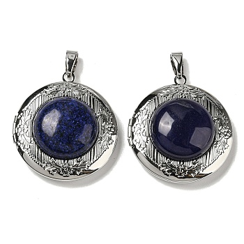 Natural Lapis Lazuli Locket Pendants, Platinum Plated Alloy Flat Round Charms, 35.5x32.5x11~12mm, Hole: 8x4mm