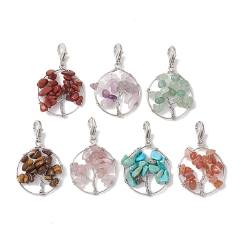 Tree of Life Wire Wrapped Natural Mixed Gemstone Pendant Decorations, Lobster Claw Clasps Ornaments for Bag Key Chain, 38mm, 7pcs/set