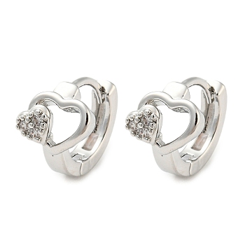 Rack Plating Brass with Cubic Zirconia Hoop Earrings for Women, Heart, Platinum, 12x9mm