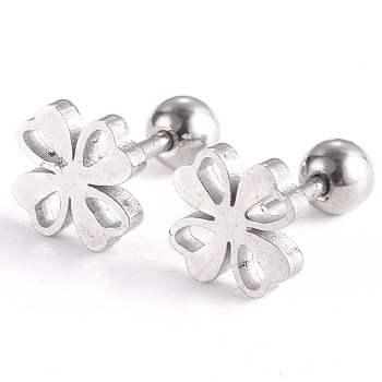 201 Stainless Steel Barbell Cartilage Earrings, Screw Back Earrings, with 304 Stainless Steel Pins, Four Leaf Clover, Stainless Steel Color, 7x7x2mm, Pin: 1mm