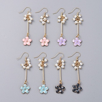 Dangle Earrings, with Glass Pearl Beads, Zinc Alloy Enamel Pendant, Golden Plated Brass Findings and Earring Hooks, Flower, Mixed Color, 64mm, Pin: 0.7mm