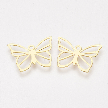 Brass Charms, Butterfly, Nickel Free, Real 18K Gold Plated, 11x15x0.3mm, Hole: 1mm