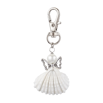 Angel Alloy & Wire Wrapped Natural Shell Pendant Decorations, Swivel Clasps Charms for Bag Ornaments, Antique Silver & Platinum, 72mm