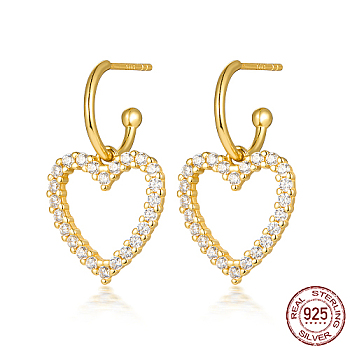 Heart Shape 925 Sterling Silver Rhinestone Stud Earrings, Dangle Earrings for Women, Golden, 25x14mm