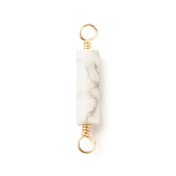 Natural Howlite Connector Charms, with Light Gold Tone Eco-Friendly Brass Wire Double Loops, Column, 23~24x4mm, Hole: 2~2.5mm