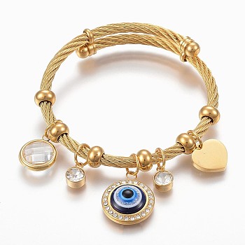 Adjustable 304 Stainless Steel Charm Bangles, with Resin, Glass and Rhinestone, Eye, Heart, Flat Round, Golden, 2-1/4 inch(5.6cm), 4~12mm