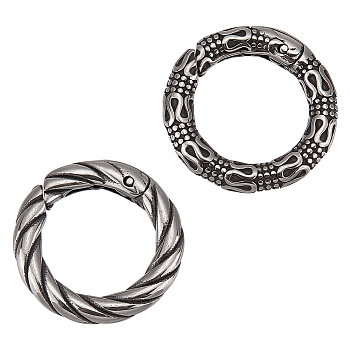 2Pcs 2 Styles Tibetan Style 316 Surgical Stainless Steel Spring Gate Rings, Textured Round Ring, Antique Silver, 19~22x3.2~3.3mm, 1pc/style