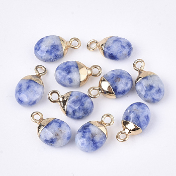 Electroplate Natural Blue Spot Stone Charms, with Iron Findings, Faceted, Oval, Golden, 14~15x8x5~5.5mm, Hole: 1.8mm
