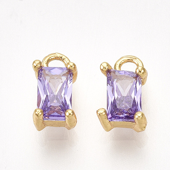 Brass Cubic Zirconia Charms, Rectangle, Nickel Free, Real 18K Gold Plated, Medium Purple, 8x4x3mm, Hole: 1.2mm