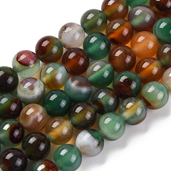 Natural Striped Agate/Banded Agate Beads Strands, Dyed, Round, Dark Green, 6mm, Hole: 0.8mm, about 32pcs/strand, 7.60''(19.3cm)