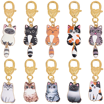 10Pcs Alloy Enamel Pendant Decorations, Cat Shape, with Alloy Lobster Claw Clasps, 53~66mm