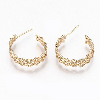 Brass Half Hoop Earrings, Stud Earring, Semicircular, Nickel Free, Real 18K Gold Plated, 22~25x21~23x7mm, Pin: 0.7mm