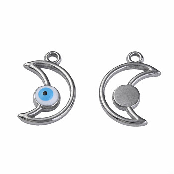 304 Stainless Steel Enamel Pendants, Moon with Evil Eye, Stainless Steel Color, White, 18x12x3mm, Hole: 1.6mm