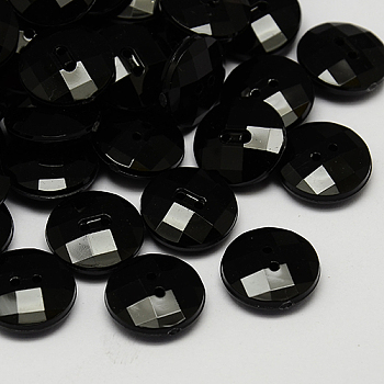 Taiwan Acrylic Buttons, Pearl Luster, Faceted, 2-Hole, Flat Round, Black, 11.5x4mm, Hole: 1mm
