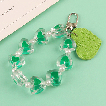 Imitation Leather Pendants Keychain, with Resin Beads and Alloy Findings, Heart with Word, Yellow Green, Heart: 3x3.8cm