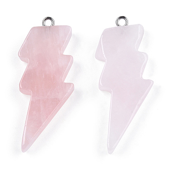 Natural Rose Quartz Pendants, Lightning Bolt Charm, with Stainless Steel Color Tone 304 Stainless Steel Loops, 40~44.5x17~20x4.5~6mm, Hole: 2mm