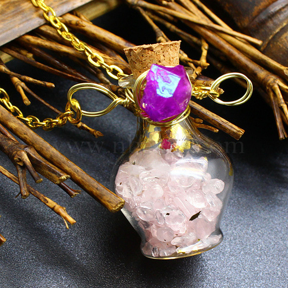 Natural Rose Quartz Chips Perfume Bottle Necklace, Glass Pendant