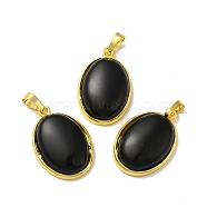 Natural Obsidian Pendants, Oval Charms, with Rack Plating Golden Plated Brass Findings, Lead Free & Cadmium Free, 31x20x7.5~8mm, Hole: 7x5mm(G-H286-07G-09)