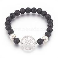 Stretch Bracelets, with Long-Lasting Plated Electroplated Natural Lava Rock, Natural Lava Rock and Brass Cubic Zirconia Beads, Flat Round with Tree, Platinum & Silver, 2-1/4 inch(5.8cm)(X-BJEW-G601-09P)