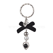 Bowknot Flocky Acrylic Keychains, with Alloy Heart and Iron Split Ring, Platinum, 8cm(KEYC-JKC00610-03)