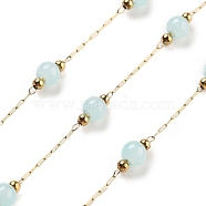 Handmade Round Dyed Natural Malaysia Jade Beaded Chains, with Ion Plating(IP) 304 Stainless Steel Paperclip Chains, Unwelded, Real 18K Gold Plated, Light Cyan, 2.2x1x0.5mm(CHS-P019-08G-B)